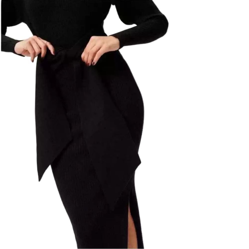 Good American Belted Body Dress Black Size 3 L Dolman Sleeve Rib Knit Midi NWT - Picture 6 of 11